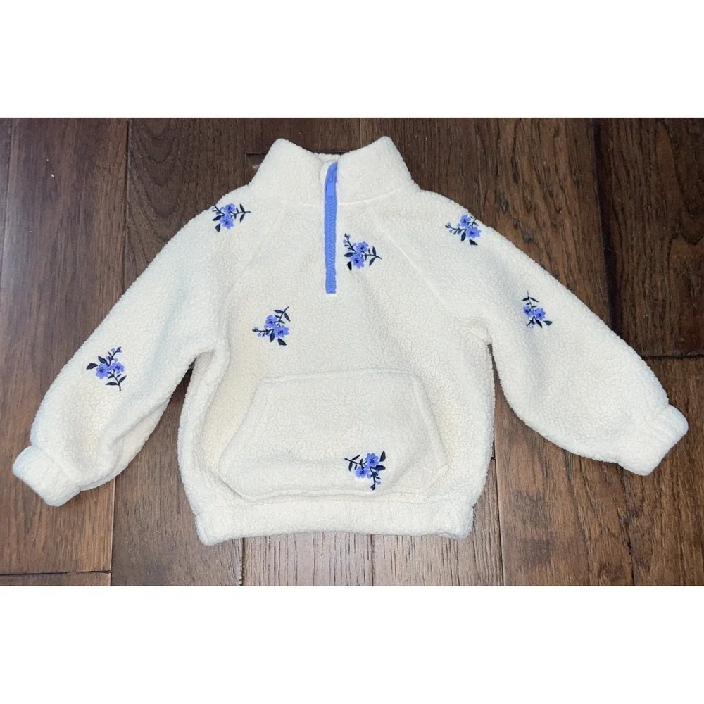 Girls Old Navy Quarter Zip Fleece Sweatshirt Size 2T Embroidered Purple Flowers